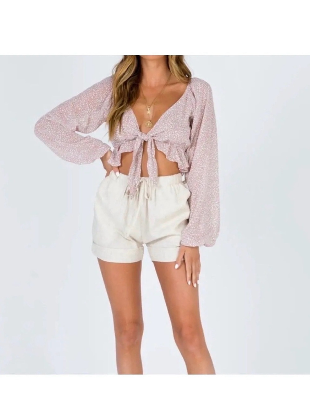 Princess Polly Dusty Pink Tie-Front Long Sleeve Crop Top